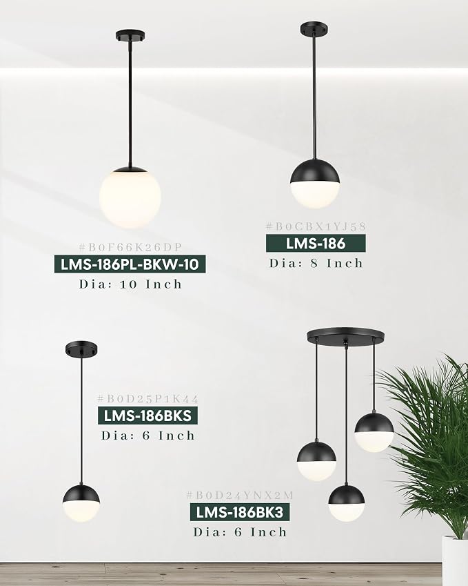 10 Inch Globe Pendant Lights, Matte Black Mid Century Kitchen Island Light Fixtures with White Globe Glass Shade, Adjustable Hanging Rod, Bar Kitchen Bedroom, LMS-186PL-BKW-10