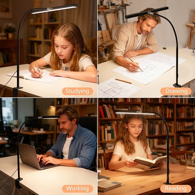 LED Desk Lamp for Office Home, Adjustable Flexible Eye-Caring Desk Light with,5 Modes 10 Brightness Adjustment, USB Adapter Desk Lamp with Clamp-T-B
