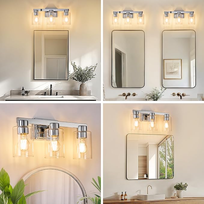 3-Light Bathroom Light Fixtures with Clear Glass, Chrome | Vanity Lights, Modern Wall Sconces, Over Mirror for Bathroom, Powder Room, Living Room