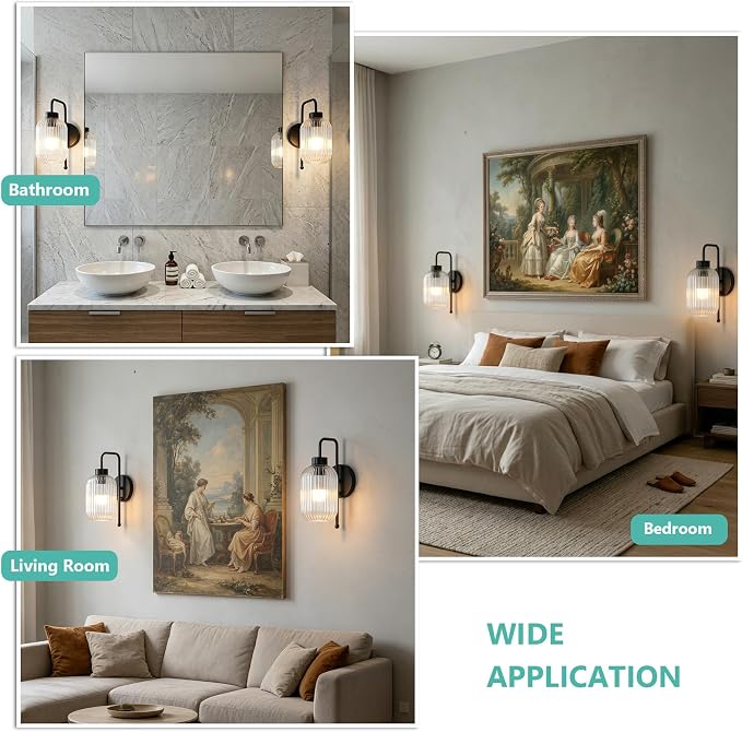 LAMSU Black Battery Operated Wall Sconces Set of 2, Wireless Wall Lights with Remote and Color Temperature Bulb, Rechargeable Cordless Wall Lamps with Clear Glass Shade for Bedroom Living Room