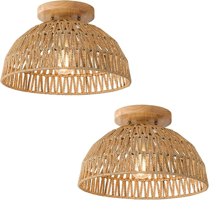 13 Inch Rattan Flush Mount Ceiling Lights Farmhouse Boho Ceiling Light Fixtures Rustic Wicker Hand Woven Rope Cage for Dining Room Kitchen Bedroom Foyer Hallway Entryway 2 Packs