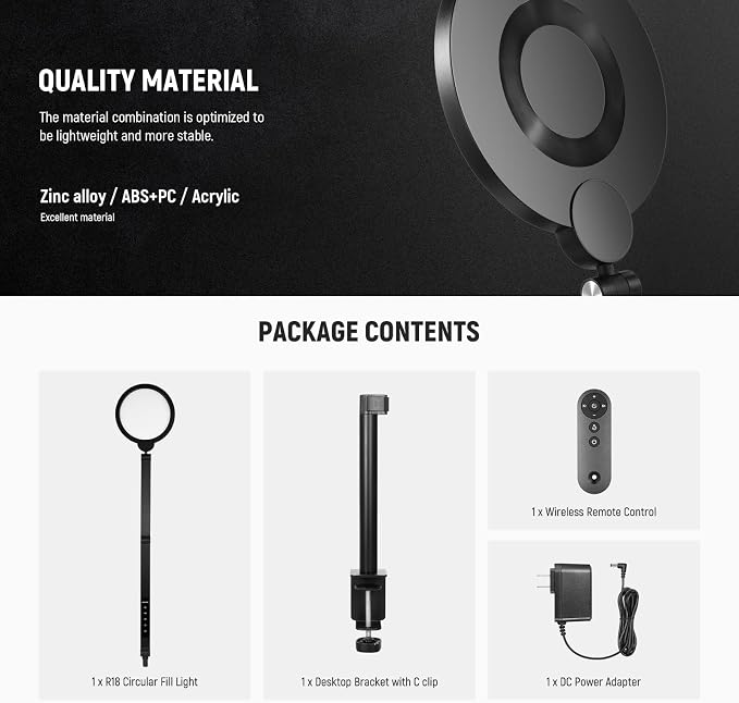 NEEWER Basics 18W 7" Desktop Ring Light with Stand for Desk, Video Conference Streaming Recording Makeup Selfie Computer Laptop Zoom Lighting, Full Screen LED Circle Ringlight with Arm & C Clamp, R18