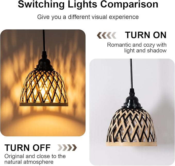 2 Pack Bamboo Chandelier/Dimmer, Waterproof Outdoor Pendant Light for Patio/Gazebo, Hand-Woven Boho Style, Battery Operated (No Wiring)