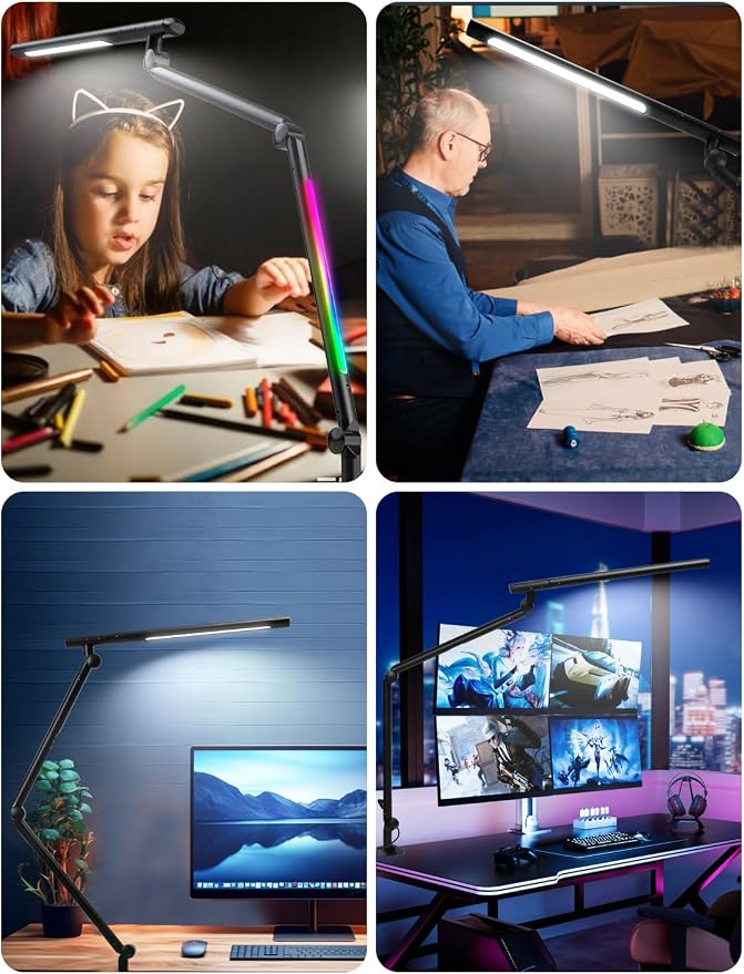 LED Desk Lamp with Clamp, Adjustable Swing Arm RGB Desk Light with Remote, Eye-Caring 4 Modes Stepless Dimming Lamp for Home Office Reading Study Gaming