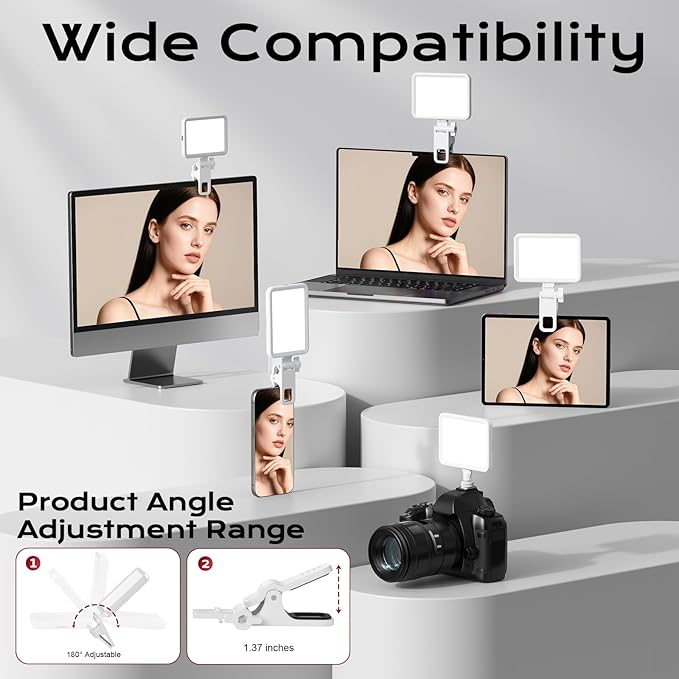 Rechargeable Soft Selfie Light for Phone, Camera, Laptop, 4-14H Battery Portable LED Light for Pictures, Phone Light Clip for Selfie, Vlog, TikTok, Makeup, Video Conference White Pro