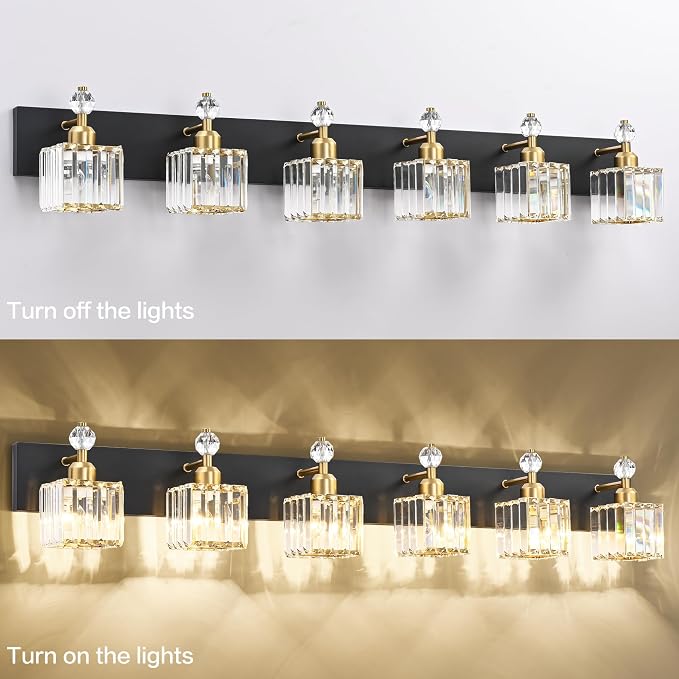 PRESDE 6-Light Crystal Bathroom Lights Fixtures Modern Black and Gold Wall Lamp for Bath Bedroom Hallway
