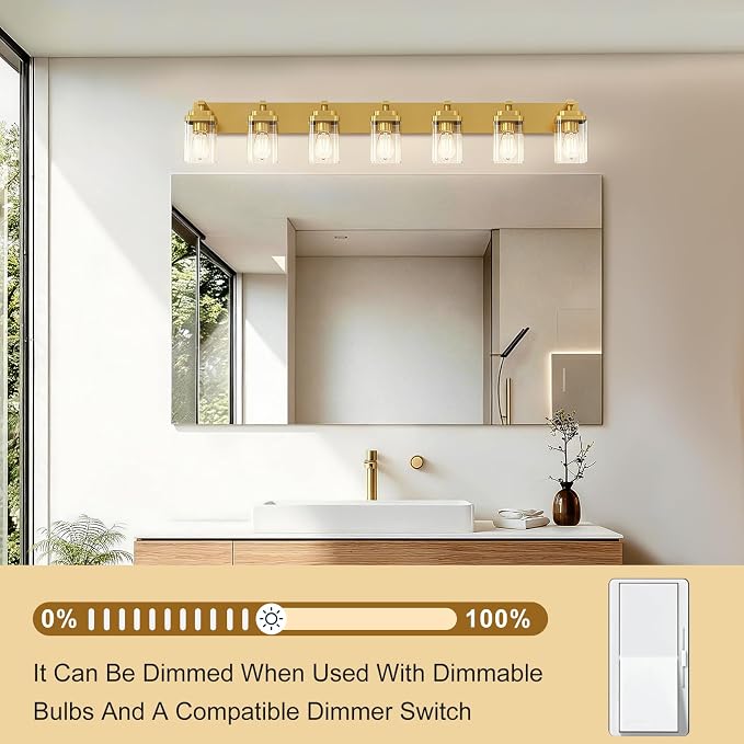 Brushed Gold Bathroom Light Fixtures, 7 Lights Bathroom Lighting Fixtures Over Mirror, Square Design & Rectangle Large Backplate, Modern Vanity Lighting Fixtures, for Living Room/Bedroom