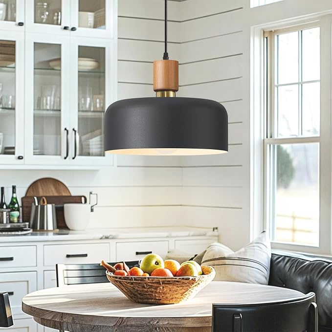 11.6" Black Pendant Light, Walnut Oak Wood & Brass Metal Drum Shade