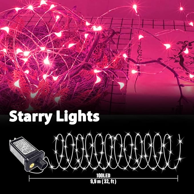 3 Pack Valentine's Day Pink Fairy Lights Plug in, 33Ft 100 LEDs Waterproof Twinkle Firefly Starry String Lights with Adaptor, for Wedding Christmas Indoor Outdoor Patio Garden Decoration