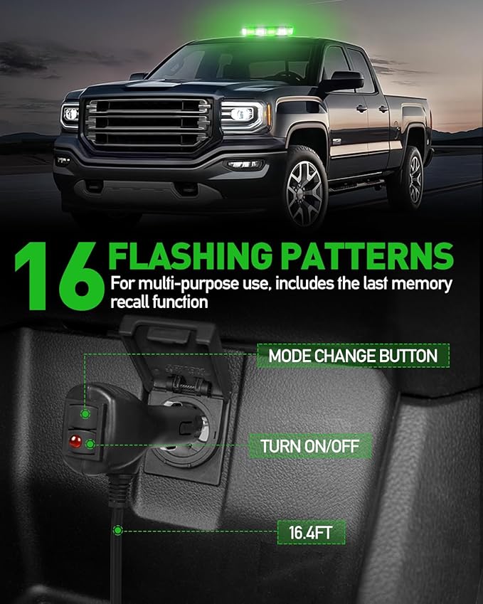 HLauto 700A Rooftop Emergency Strobe Lights Bar, 72 LED Green White Mini Beacon Safety Flashing Warning Traffic Lights Bar w/Magnetic Base for 12-24V Trucks, Construction Vehicles, Snowplow, Cars
