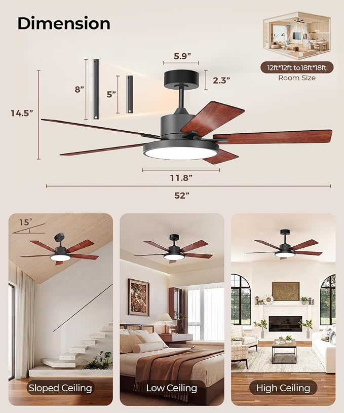 RGBCW Smart 52" 2600LM LED Ceiling Fan Light with Remote, Brown | Alexa/Google/App Control, Reversible DC Motor, 6 Speeds & 2 Fan Modes, Dimmable, Quiet Fan for Bedroom, Living & Gaming Room