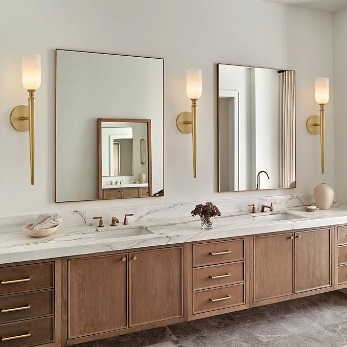 21.6" Natural Alabaster Sconce, Vintage Brass Marble Wall Light | Natural Spanish Alabaster, Vintage Inspired Design, Unique Marble Veining, Elegant Brass Finish, Statement Indoor Wall Accent