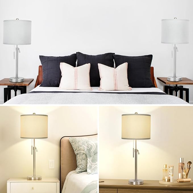 Table Lamps for Bedrooms Set of 2, 22" to 30" Height Adjustable Nightstand Lamps with Linen Shade, Pull Chain Switch Lamps for Living Room, 3 Way Dimmable Bedside Lamp