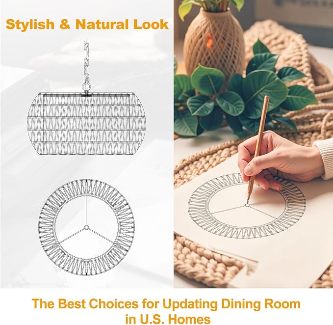 9"-52" Height Adjustable Farmhouse Chandelier Light Fixture, 5-Light Rattan Boho Chandeliers for Dining Room, Hand Woven Pendant Light with Linen Shade, Rustic Hanging Lighting for Kitchen Island