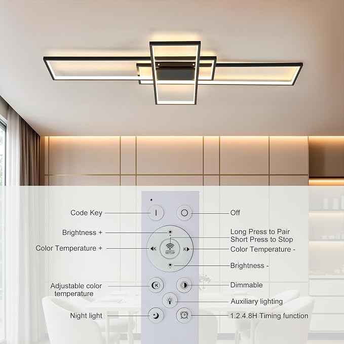 GEADI 60.2" Extra Large Modern LED Ceiling Light, Dimmable Chandelier | 112W Black Geometric Flush Mount Ceiling Lamp with Remote, 3000K-6500K Dimming, Memory, Chandelier for Living Room