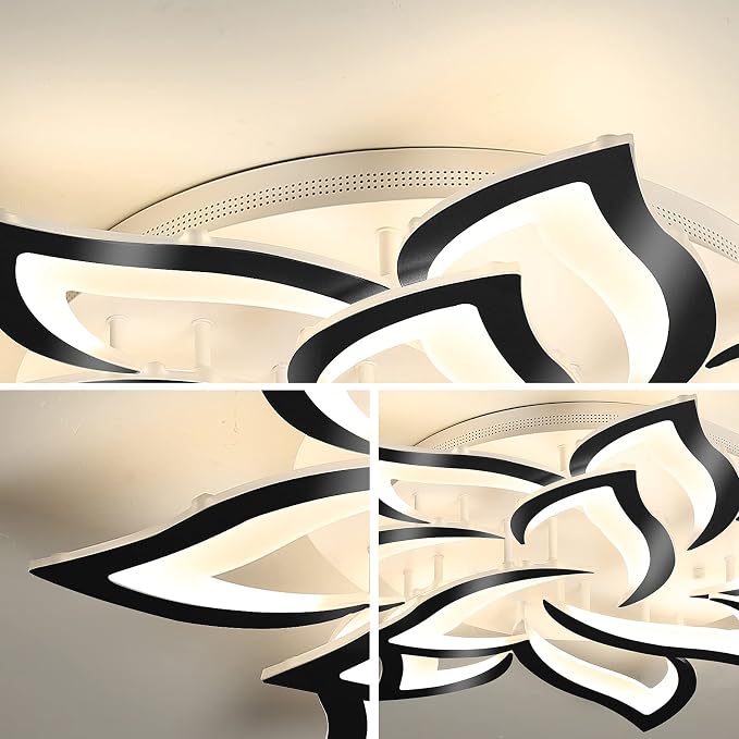 Garwarm 33.4" Modern LED Low Profile Flush Mount Ceiling Light, Dimmable | Black Flower Petal Ceiling Light with Remote, Acrylic, 3000K-6500K, Memory for Kitchen, Living Room, Bedroom, Dining Room