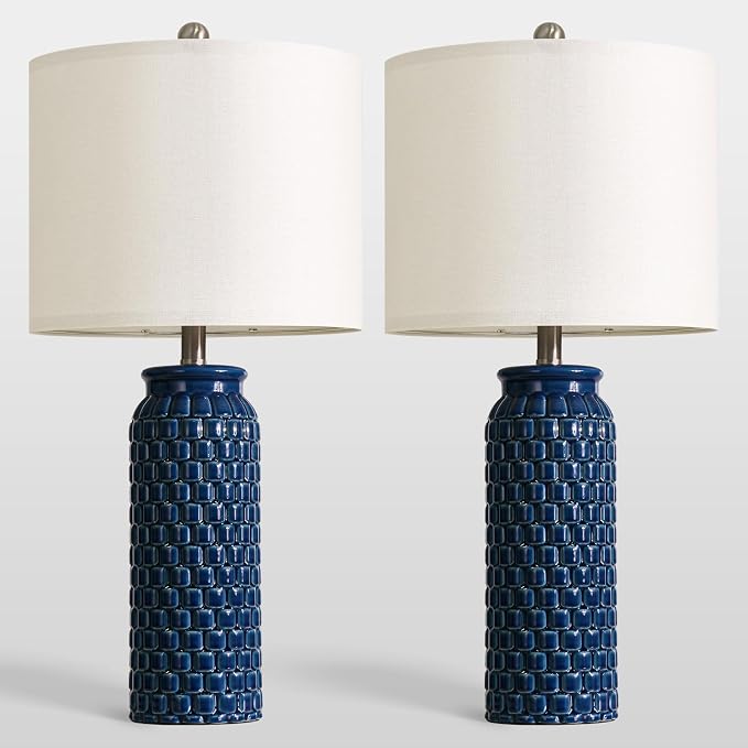 USumkky 27" Ceramic Table Lamps Set of 2 - Modern Farmhouse & Boho Style, Bedside Nightstand Lamps for Bedroom, Living Room End Table Lamps, Small Desk Lamp(Blue)