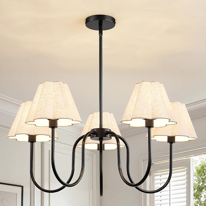 RUIYEY Gold Chandeliers for Dining Room - 28" 5-Light Modern Mid-Century Chandelier with Flower Scalloped Fabric Shades, Height Adjustable Farmhouse Pendant Ceiling Light Fixture for Bedrooms Kitchen