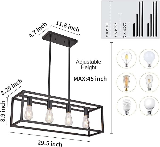 Farmhouse Rectangle Chandeliers for Dining Rooms, Modern Linear Hanging Light Fixture Matte Black 4-Light Industrial Pendant Lighting for Kitchen Island