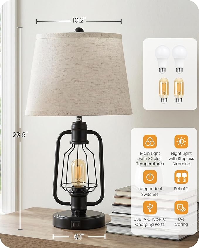 Farmhouse Table Lamps Set of 2, Industrial Bedside Table Lamps with USB Ports, Rustic Vintage Nightstand Desk Lamps for Living Room, Bedroom, 4 Bulbs Included, Beige and Black E14TLP205