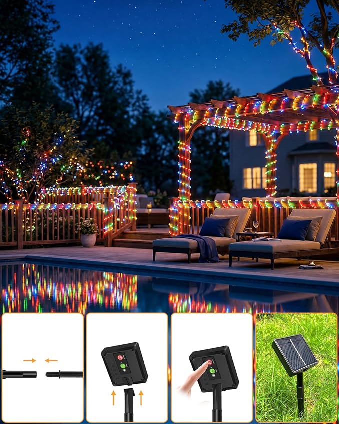 btfarm Solar Rope Lights, 120LED 46FT String Lights Outdoor Waterproof | 8 Modes, Timer Memory Function, Tube Trampoline lighting for Outside Garden Tree Christmas Yard Patio Decor, Multicolor
