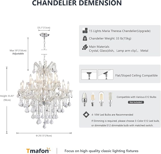Modern Chrome Chandelier Light Fixture - Luxury Maria Theresa Crystal Chandeliers for Dining Room, Kitchen Island, Living Room, Bedroom, 15 Lights, 2 Layers