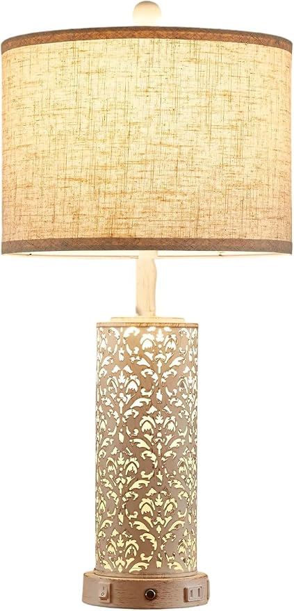 SAIWEYA 26" Set of 2 Farmhouse Table Lamp for Bedroom, Dimmable Touch | 3 Way Dimmable, 2 USB Ports + AC Outlet Bedside Lamp for Nightstand, LED Bulb Included, Fabric Shade, Flower Metal Body