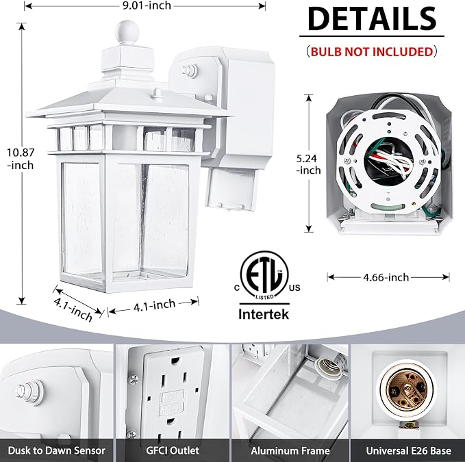White Outdoor Porch Lights with GFCI Outlet,Dusk to Dawn Outdoor Lighting Work with Security Camera,Aluminum Exterior Outdoor Wall Lights Fixture,Waterproof Outside Lights for House,Bulb not Included