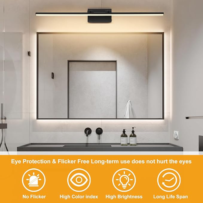 LED Bathroom Vanity Light, Modern Bathroom Light Fixture Over Mirror (3000K/4000K/6000K, Dimmable), Vanity Light Bar with Angle Adjustable, 40 Inch, Black