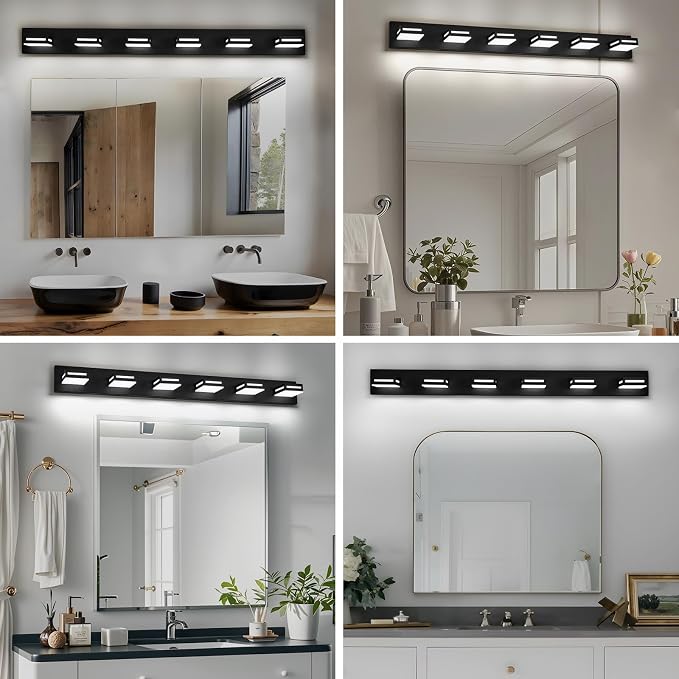 LED Modern Bathroom Light Fixtures, 6-Light 48-Inch Matte Black Vanity Lights for Bathroom Lighting Fixtures Over Mirror, 6000K Cool White 350° Rotatable Wall Lamp