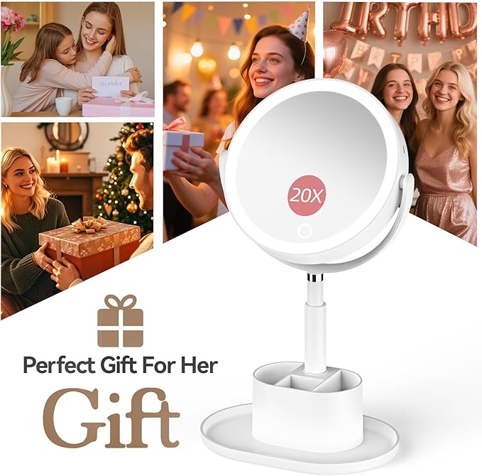 Travel Makeup Mirror with Lights, 1X/20X Lighted Makeup Vanity Mirror with Storage , 2-Sided Height Adjustable Magnifying Detachable Desk Mirror with 3 Color Lights, 360° Rotation & Rechargeable