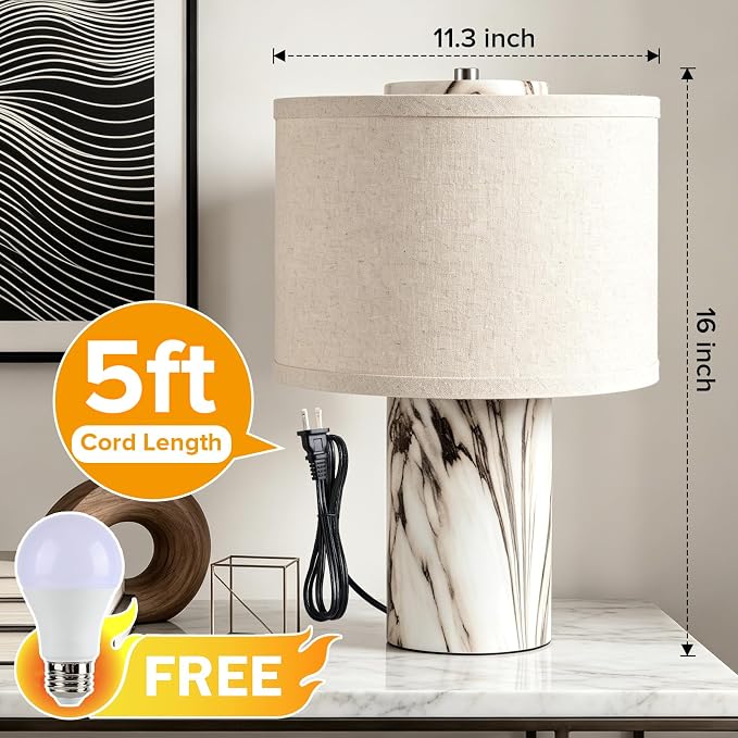 Marble Touch Lamp with Faux Marble Finish, 3-Way Dimmable Bedside Table Lamp for Bedroom, Nightstand & Living Room, Office, LED Bulb Included