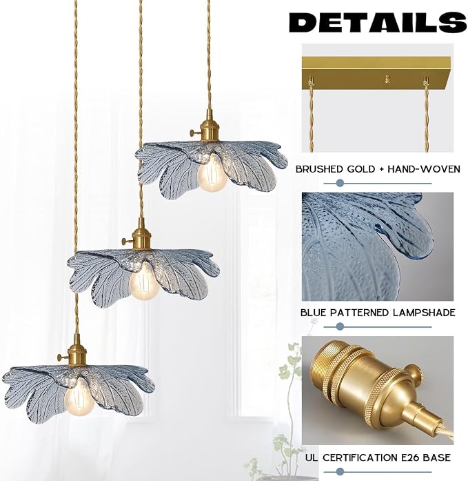 3-Light Hand Blown Glass Chandelier, Blue Flower Glass Shade with Brushed Brass Gold Base, Adjustable Pendant Light Mid Century Vintage Farmhouse Hanging Lamp for Dining Room Kitchen Island