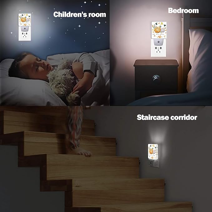 Hello Autumn Night Light, Orange Pumpkins Night Lights Plug into Wall Decor for Bedroom, Bathroom, Hallway, Kitchen, Dusk to Dawn Sensor Nightlights for Boys Girls Women Men Room Gifts