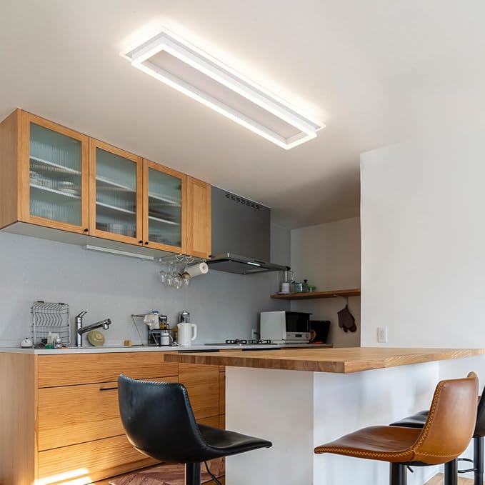 Dimmable Led Ceiling Light with Remote Control 31.5in Modern Linear Flush Mount Ceiling Lighting Fixture Acrylic Long Ceiling Lamp for Living Room Kitchen Dining Room Hallway (White)