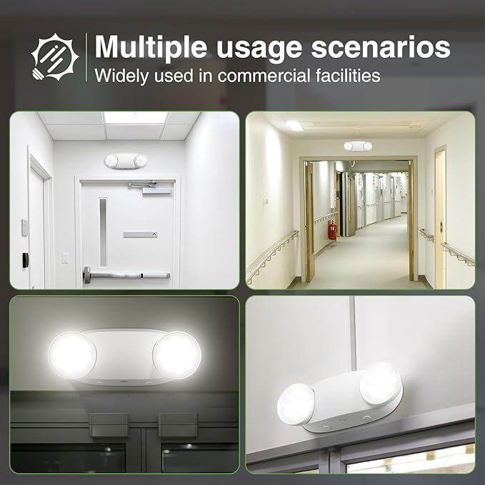 FREELICHT 6 Pack Emergency Lights for Business, Hard Wired, LED Emergency Lights with Battery Backup, 2 Heads Adjustable Commercial Exit Lighting Fixtures, UL 924 Certified