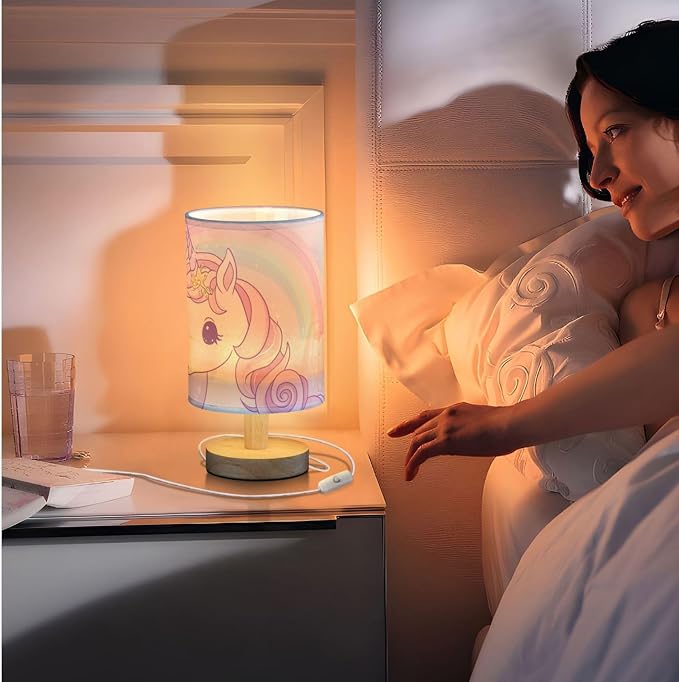 Pink Unicorn with Rainbow Hearts Bedside Table Lamps with USB Port for Bedroom Lamp Accent Table Lamp Small Nightstand Lamp Sturdy Linen Shade Wooden Base Decorative Lamps for Kids Reading Dorm Home
