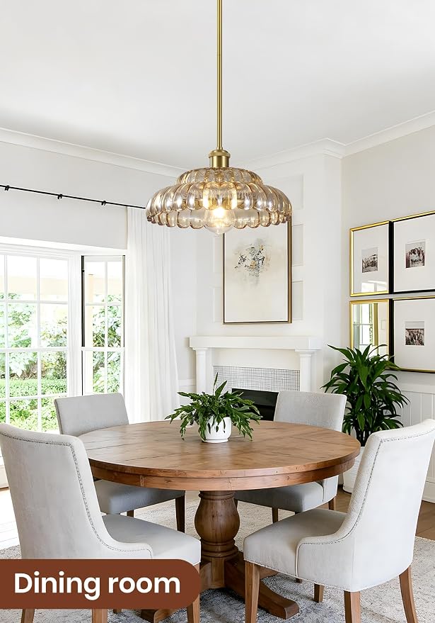 Gold Pendant Light with Glass Shade, Vintage Floral Glass Pendant Lamp for Kitchen Island, Adjustable Hanging Rods Sloped Ceiling Compatible, Living Room Bedroom Hotel-Amber