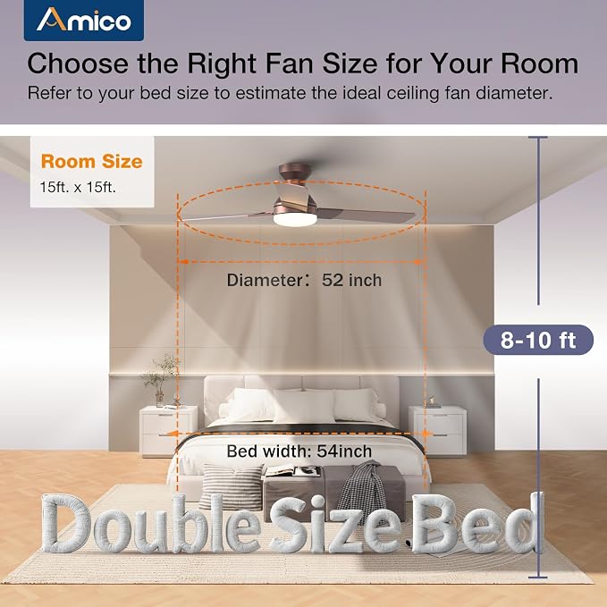 Amico 52 Inch Brown Low Profile Ceiling Fans with Lights and Remote | Flush mount, 3-color dimmable light, quiet reversible DC motor, easy install, memory, timer, bedroom, covered outdoor areas