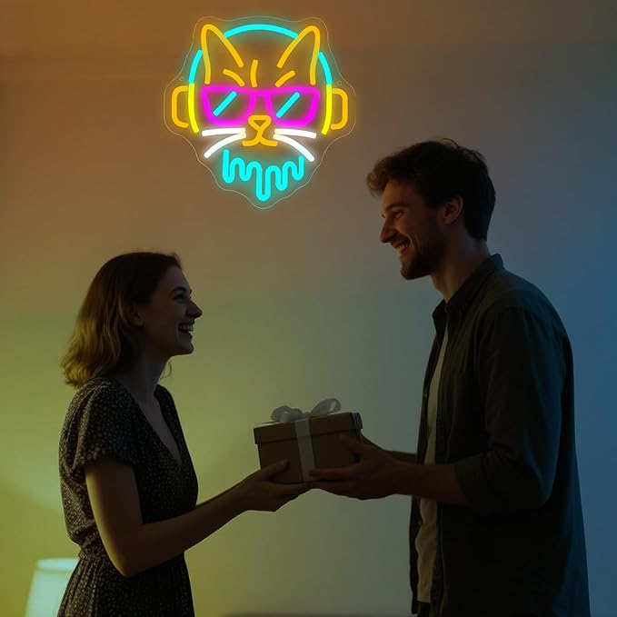 DJ Cat Neon Sign for Wall Decor Dimmable DJ Cat Neon Light for Man Cave Music Birthday Gifts for Lovers LED Rock Sign for Music Room Record Studio Bedroom Bar Party 11.9 * 11.8In (WZCP177)