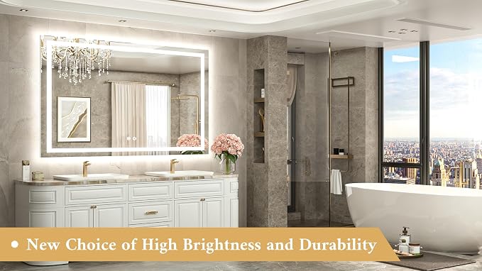 55 x 36 LED Light up Bathroom Mirror, Brighter Lighted Bathroom Vanity Mirror with Led Lights, Front and Backlit 3-Color Dimmable Anti Fog Illuminated Mirror, Waterproof, Shatterproof