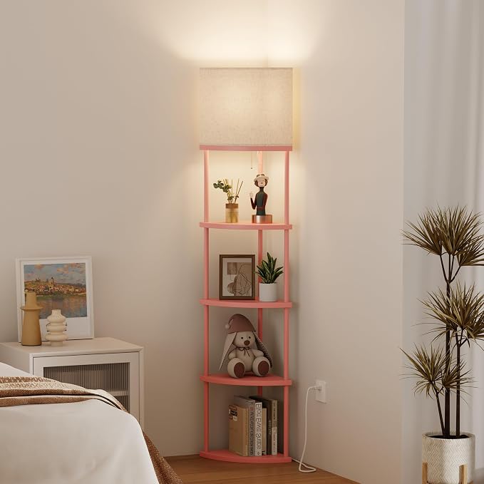 Qupui Floor Lamp with Shelves, 61.5" 5-Tier, 3-Color LED, Pink | Fabric Shade With Soft Cozy Light. 3 Color Temperatures 12W LED. 5 Tiers, 22 Lbs Each. Durable Composite Panels, Metal Frame