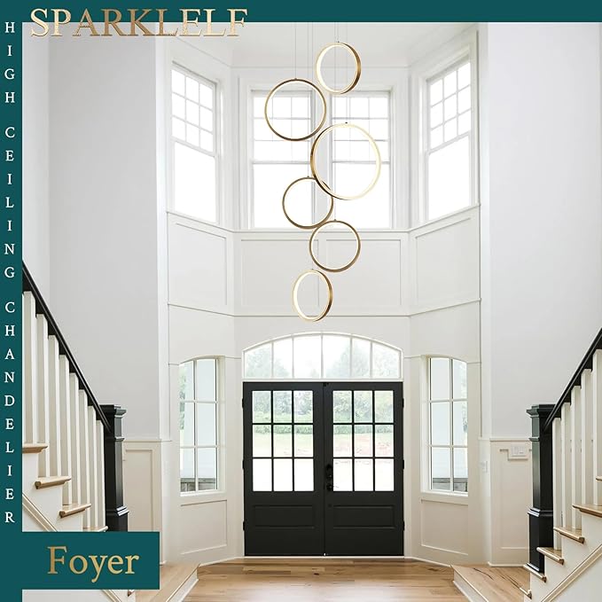 6 Rings Modern LED Chandelier for High Ceiling Dimmable Gold Contemporary Pendant Light Fixture Long Foyer Chandelier for Entryway Staircase Dining Room Living Room, 3000-6500K