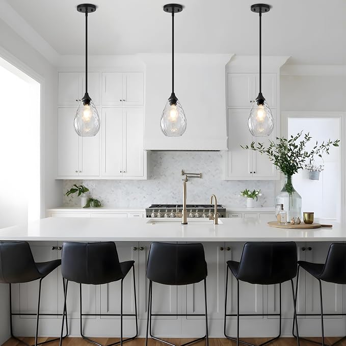 Black Pendant Lights Kitchen Island 2 Pack, Modern Glass Pendant Light Fixtures with Hammered Glass and Rods, Adjustable Small Hanging Light for Kitchen Sink Dining Room Bathroom