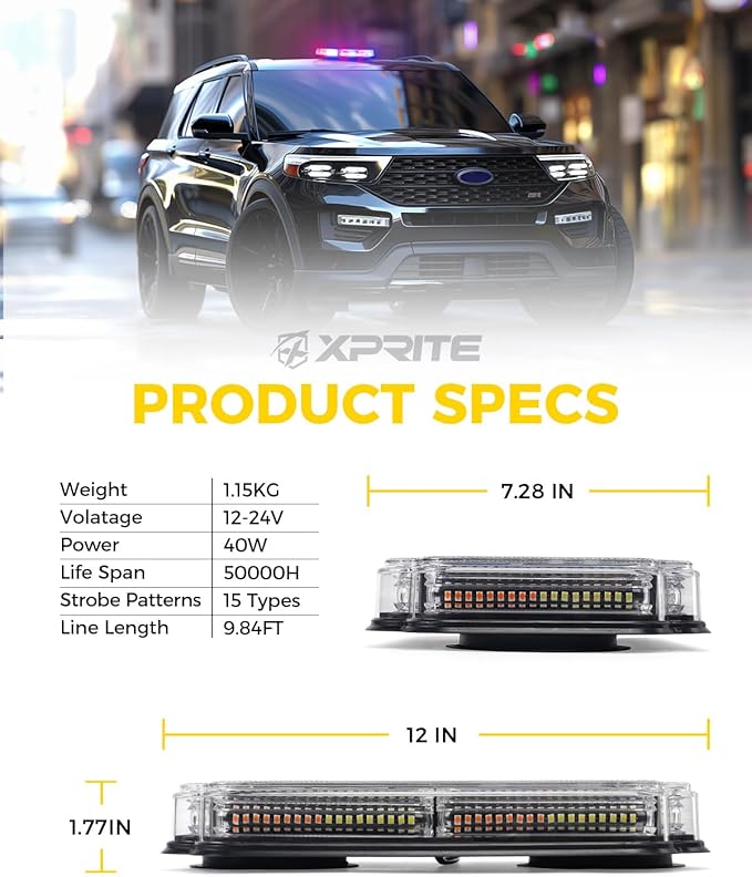 Xprite 108 LED Roof Top Strobe Light, US Flag Pattern Police Flashing Light, Emergency Hazard Warning LED Mini Strobe Lightbar w/Magnetic Base for Police Cop Firefighter EMS Vehicles Truck, Red Blue