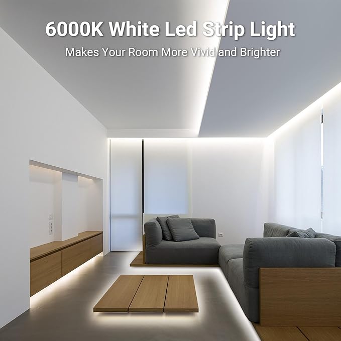 CT CAPETRONIX White LED Strip Light, 16.4 Feet 24 Volt LED Light Strip White, 6000K-6500K Daylight Super Bright LED Tape Light for Bedroom, Kitchen, Closet, Cabinet, Mirror, Indoor(Dimmer Included)