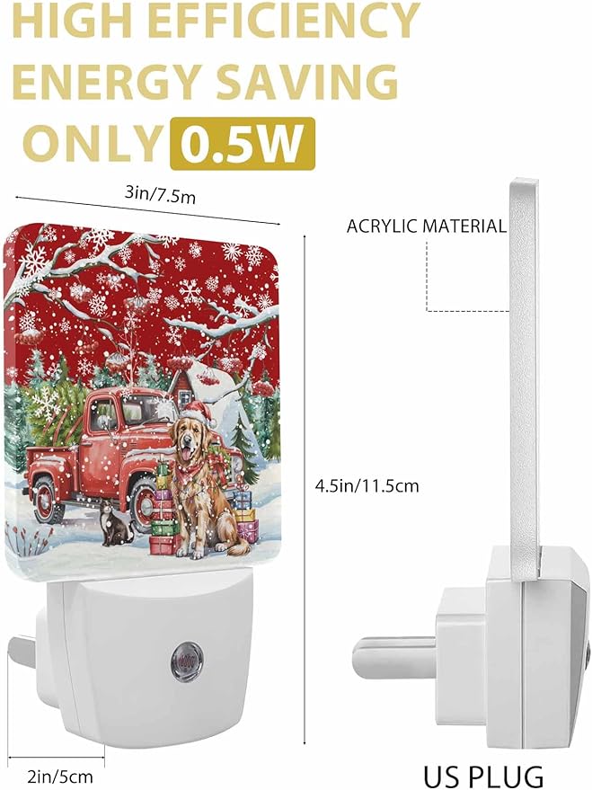 Christmas Night Lights Plug into Wall LED Night Light Christmas Tree Dog and Gift Winter Berry Automatic Dimmable Dusk-to-Dawn Square Shaped Smart Nightlight for Bathroom/Bedroom