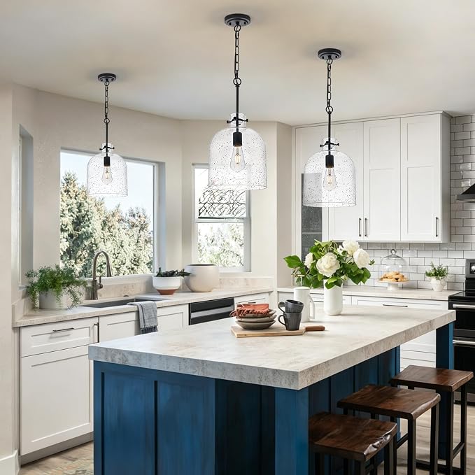 Farmhouse Black Pendant Light – 10" Seeded Glass Dome Hanging Lighting, Hand-Blown Bubble Glass Shade, 1-Light E26 Pendant Lights for Kitchen Island, Dining Room, Hallway
