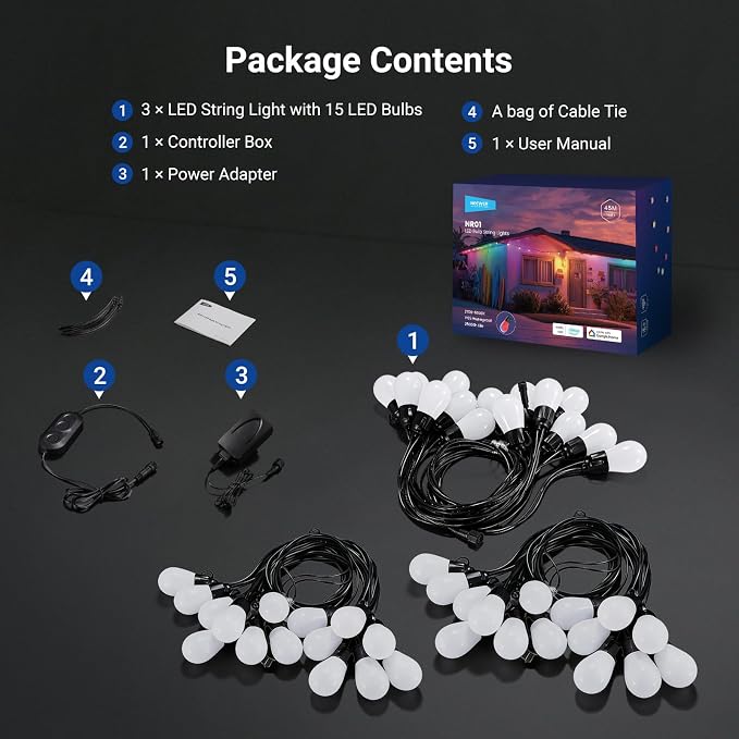 NEEWER NR01 144ft Outdoor String Lights App Control Smart AI RGB IC W Light | Patio Balcony Backyard Outside Hanging Lighting, IP65 Waterproof, 45 LED Bulbs, 50+ Scenes, Compatible with Alexa Google