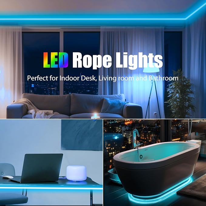 50FT RGB Neon Rope Lights with Remote,120V ETL Led Strip Lighting,Expandable Commercial Grade IP65 Waterproof Plug-in Led Rope Lights with Dimmable Power Adapter for Outdoor,Indoor Using